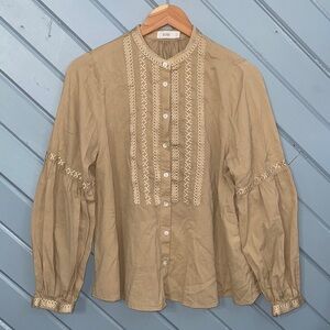 Closed Calypso Embroidered Tan Cotton Blouse